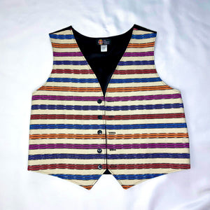 Mens multi, white, guatemalan, fabric, vest, with strips, buttons, handcrafted, black, satin back.
