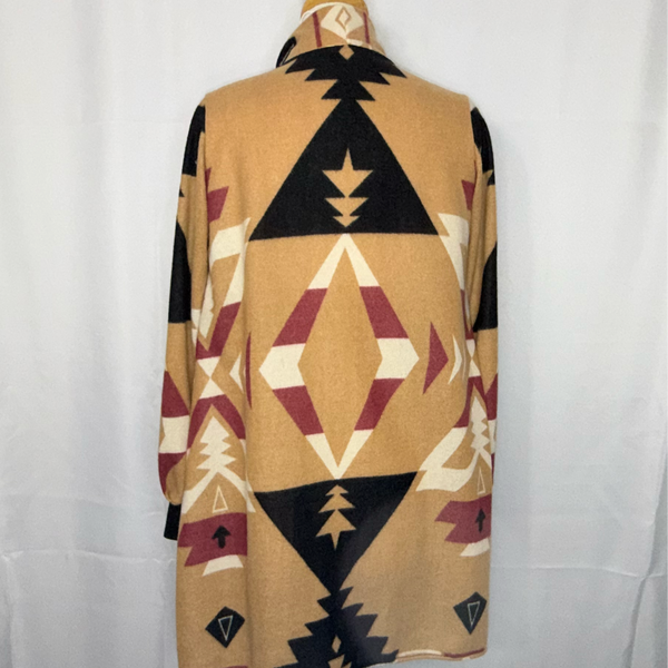 Handcrafted Long-Sleeve Burgundy Diamond Cardigan, OITClothing, Our Indigenous Traditions, Native Indigenous brand, jersey knit rayon, tribal pattern,