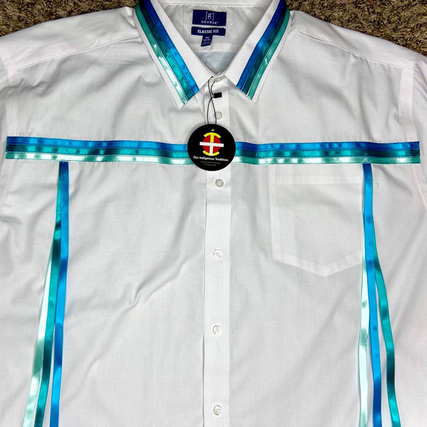 our indigenous traditions, ribbon shirt, water color, oitclothing, short sleeve. shirt, blue.