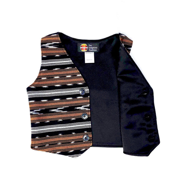 Mens, walnut, brown, guatemalan, fabric, vest, with strips, buttons, handcrafted, black, satin back.