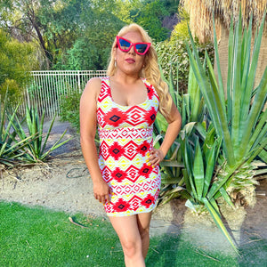 Sun Arrow Fitted Mini Dress dress american indian, dress, fitted, fitted dress, indigenous, indigenous brand, indigenous dress, indigenous pattern, native brand, oit, oitclothing, rez, tribal