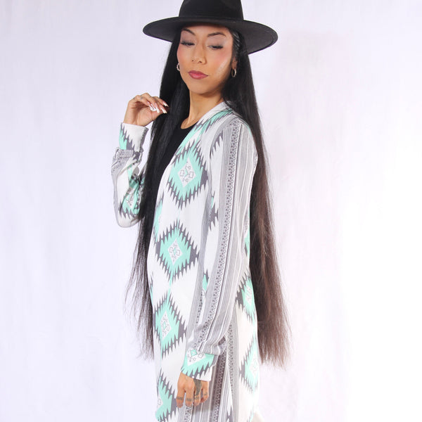 Long-Sleeve White-Green Cardigan