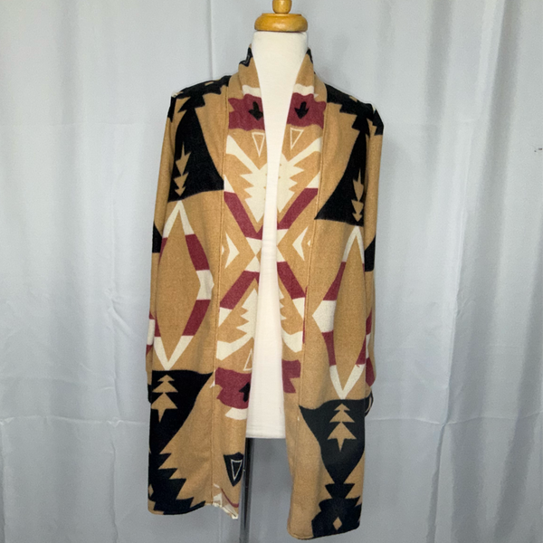 Handcrafted Long-Sleeve Burgundy Diamond Cardigan, OITClothing, Our Indigenous Traditions, Native Indigenous brand, jersey knit rayon, tribal pattern,