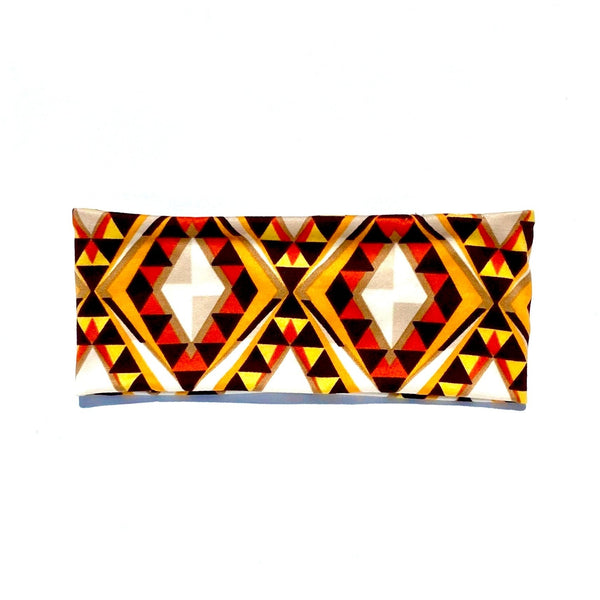Autumn Headband   - Our Indigenous Traditions Clothing Brand, yellow, orange, white, logo on headband, stretchy.