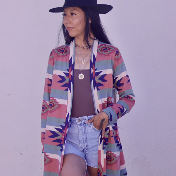 Long-Sleeve Pink-Green Cardigan