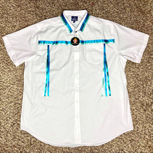 our indigenous traditions, ribbon shirt, water color, oitclothing, short sleeve. shirt, blue.