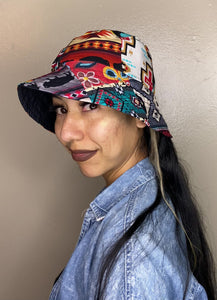 reversible mix bucket hat, Fashion statement, handcraft, repurposed fabric, indigenous brand, our indigenous traditions, clothing, oit.