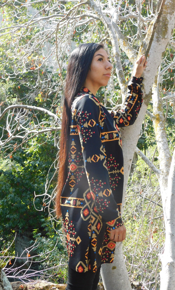 Women’s Long Sleeve Black Cardigan Black Cardigan accessories, black, Cardigan, Cotton, double knit, Fall, Fashion, front, gold, handcrafted, handmade, Indigenous, long, Native, Our, popula