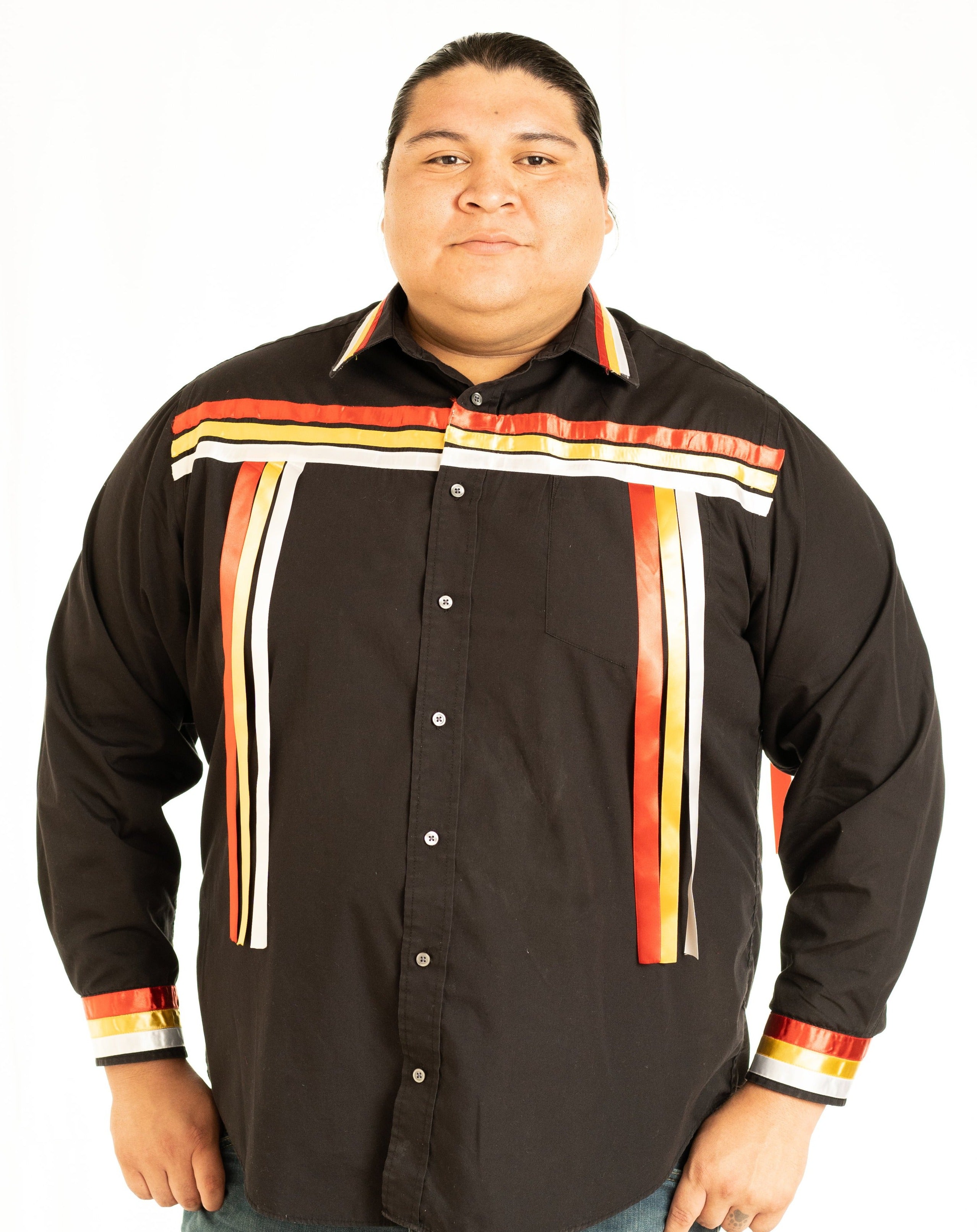 Fire-Color Black Long-Sleeve Ribbon Shirt