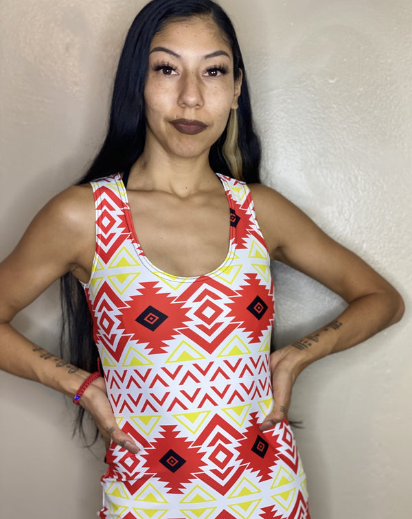 Sun Arrow Fitted Mini Dress dress american indian, dress, fitted, fitted dress, indigenous, indigenous brand, indigenous dress, indigenous pattern, native brand, oit, oitclothing, rez, tribal
